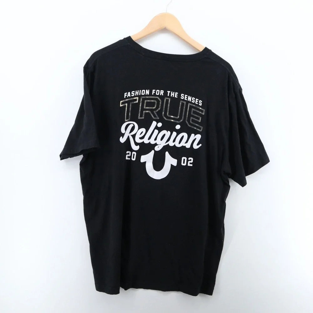 True Religion T-Shirt Mens 2XL Black Streetwear Y2K Logo Graphic Good